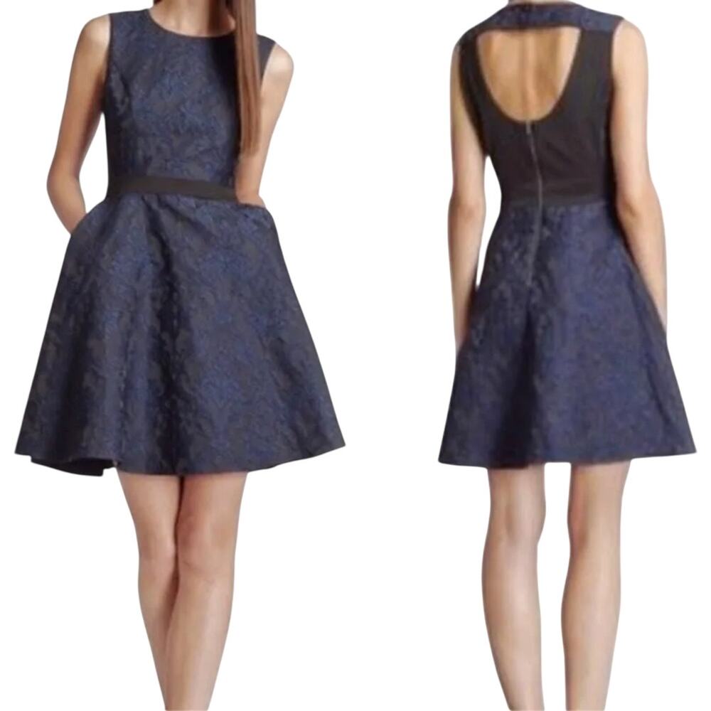 Reiss Natalie Skater Dress Fit & Flare Floral Textured Jacquard Cutout Navy 4